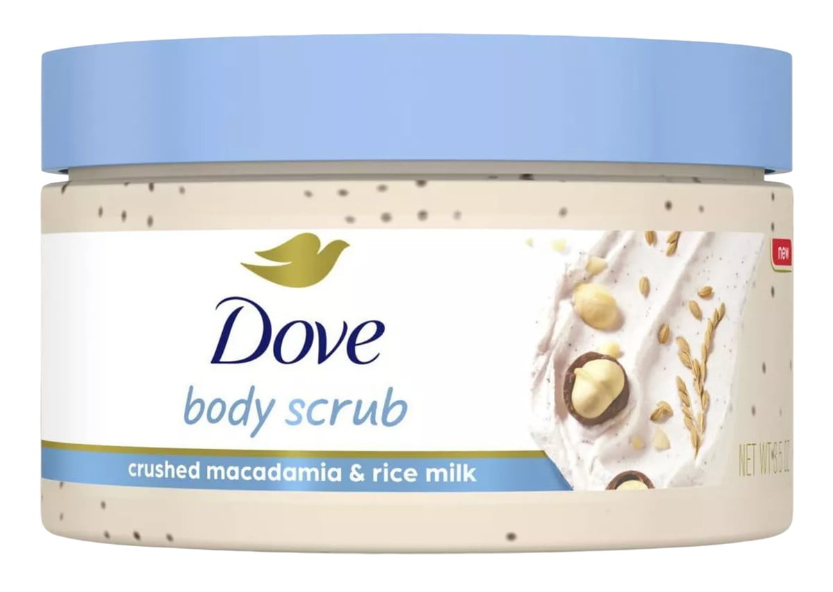 Dove Crushed Macadamia & Rice Milk Body Scrub 3.5 oz exfoliating body polish jar