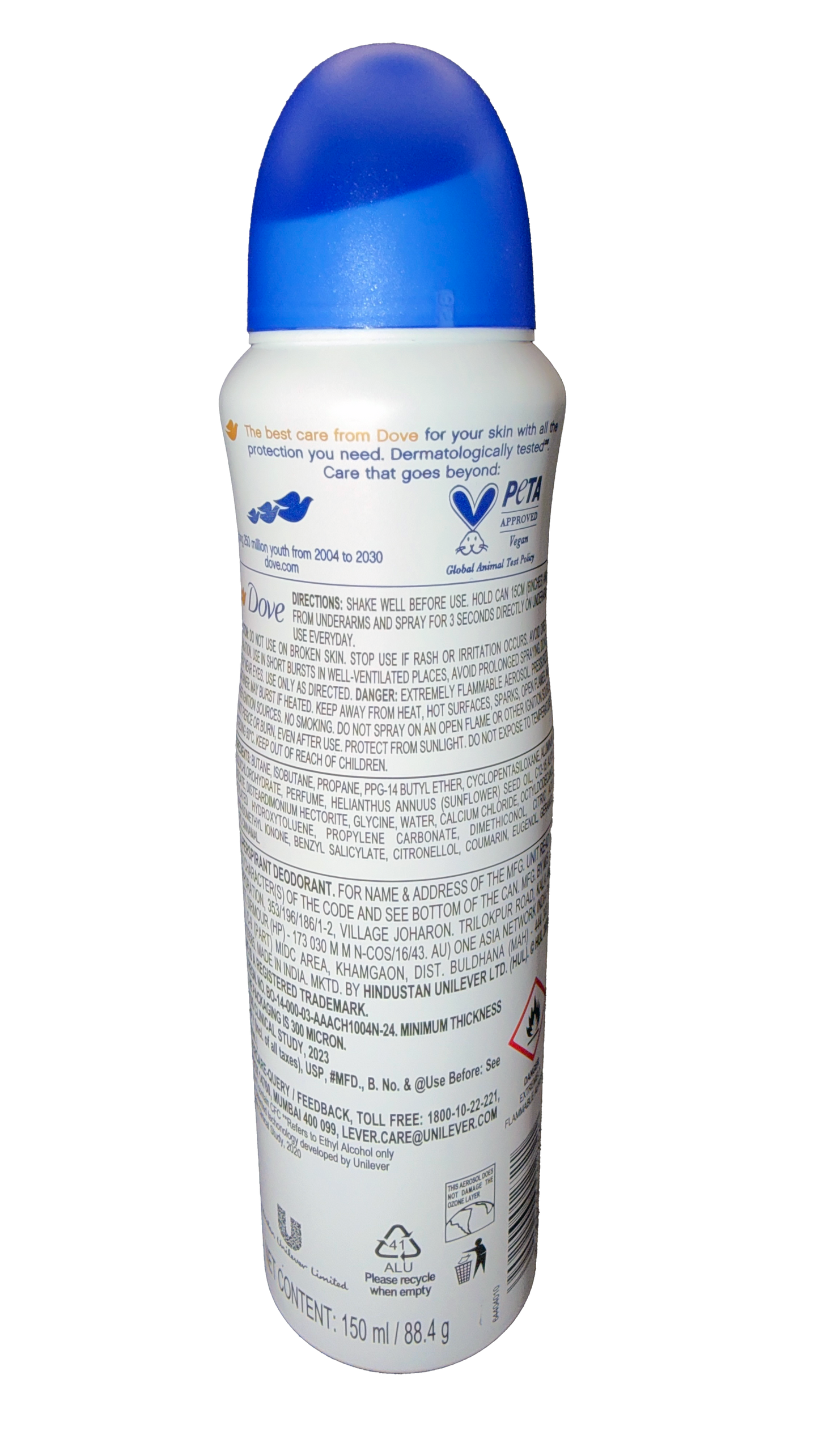 Back label ingredients and directions for Dove Advanced Care antiperspirant spray Original scent 5.07 oz aluminum antiperspirant aerosol