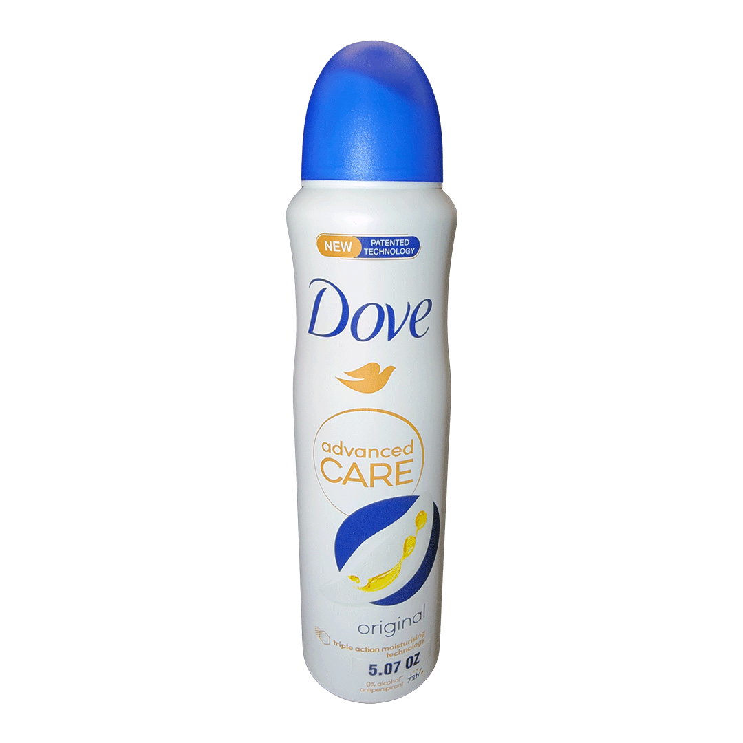Dove Advanced Care Antiperspirant Spray Original Scent 5.07 oz with triple action moisturizing technology for 72 hour sweat and odor protection